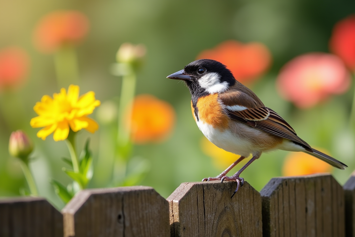 Rouge-gorge sur une clôture en bois dans un jardin fleuri