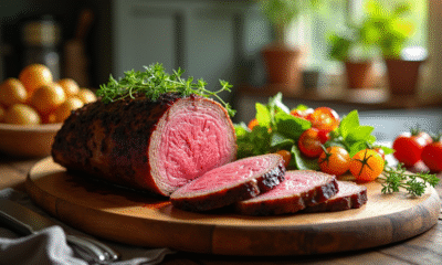 Rôti de bœuf tranché sur une planche en bois avec salade et pommes de terre
