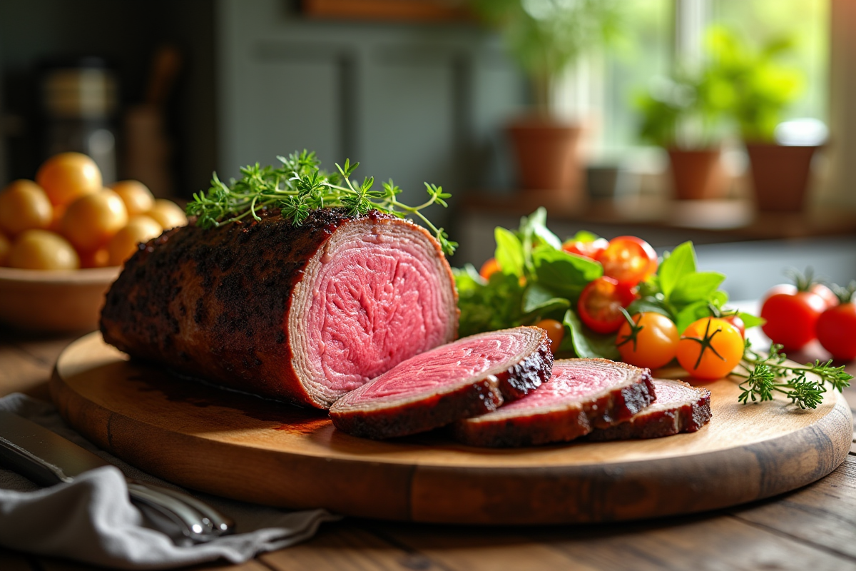 Rôti de bœuf tranché sur une planche en bois avec salade et pommes de terre