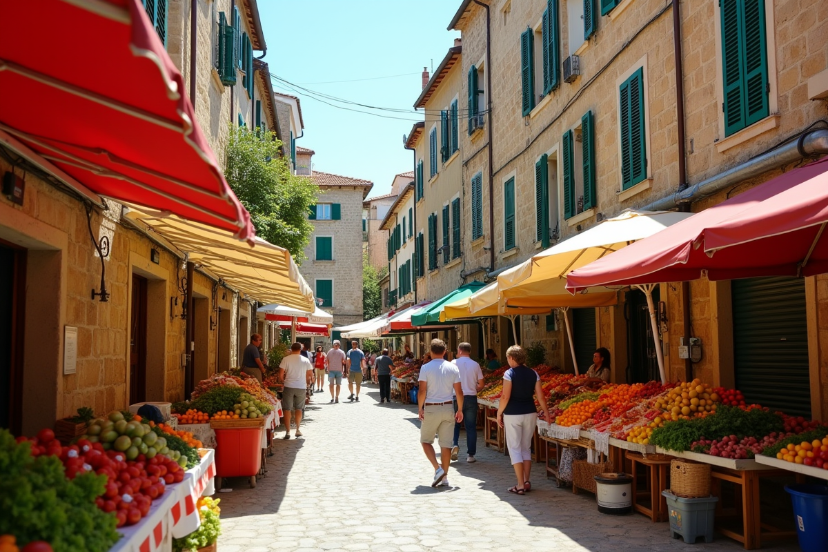 Scène de rue locale avec bâtiments en pierre et vendeurs en plein jour