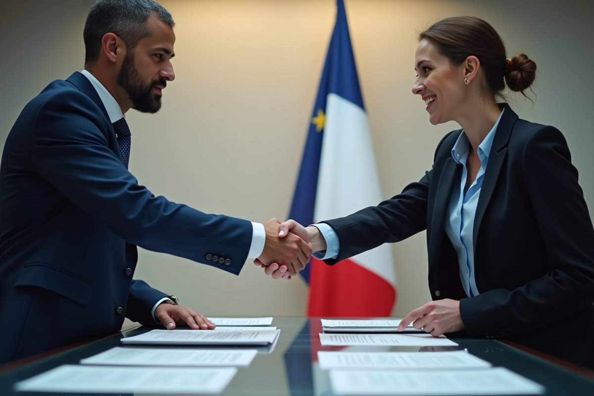 Professionnels en poignée de main dans un bureau juridique