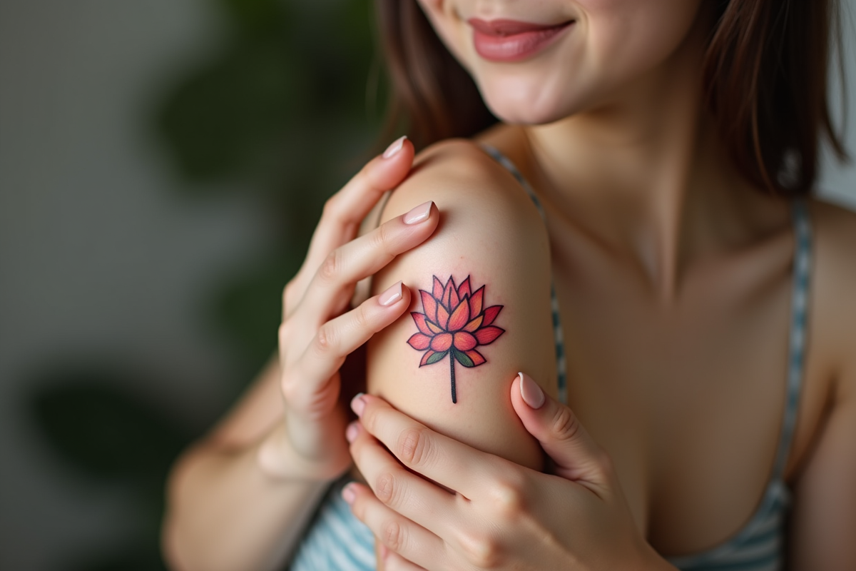 Jeune adulte appliquant une creme sur tatouage lotus
