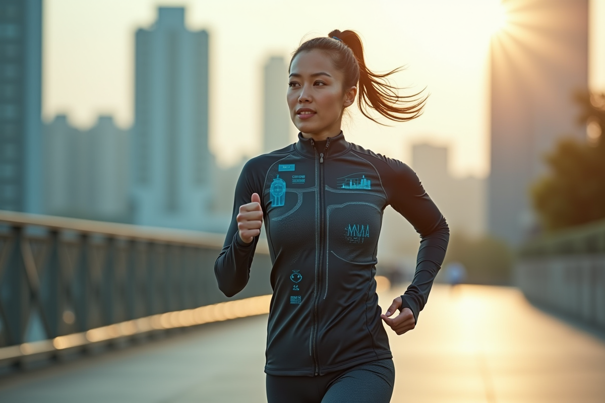 Femme sportive courant avec des vêtements connectés et visualisations de données