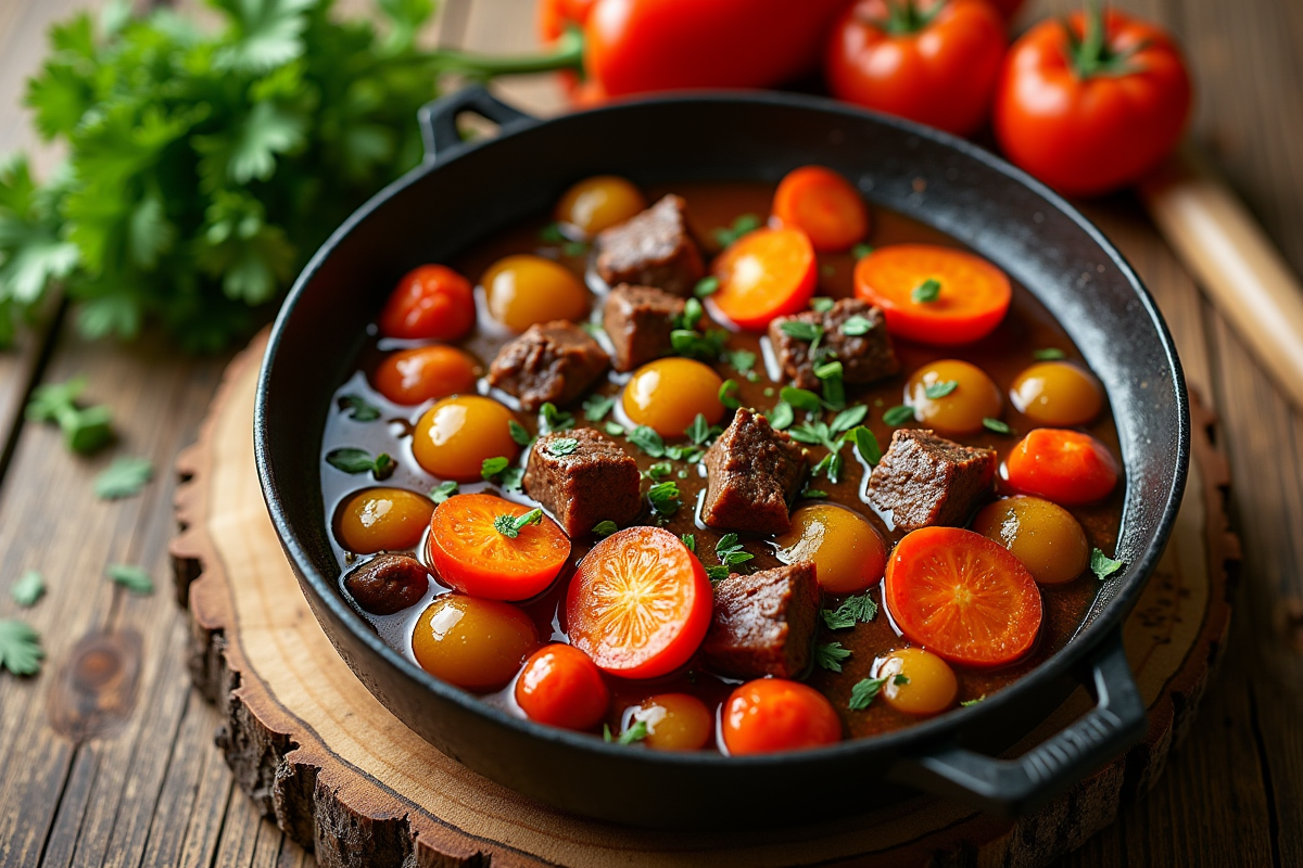 Ragoût de boeuf et carottes sur une table en bois rustique