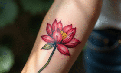 Tatouage lotus frais sur avant bras en gros plan