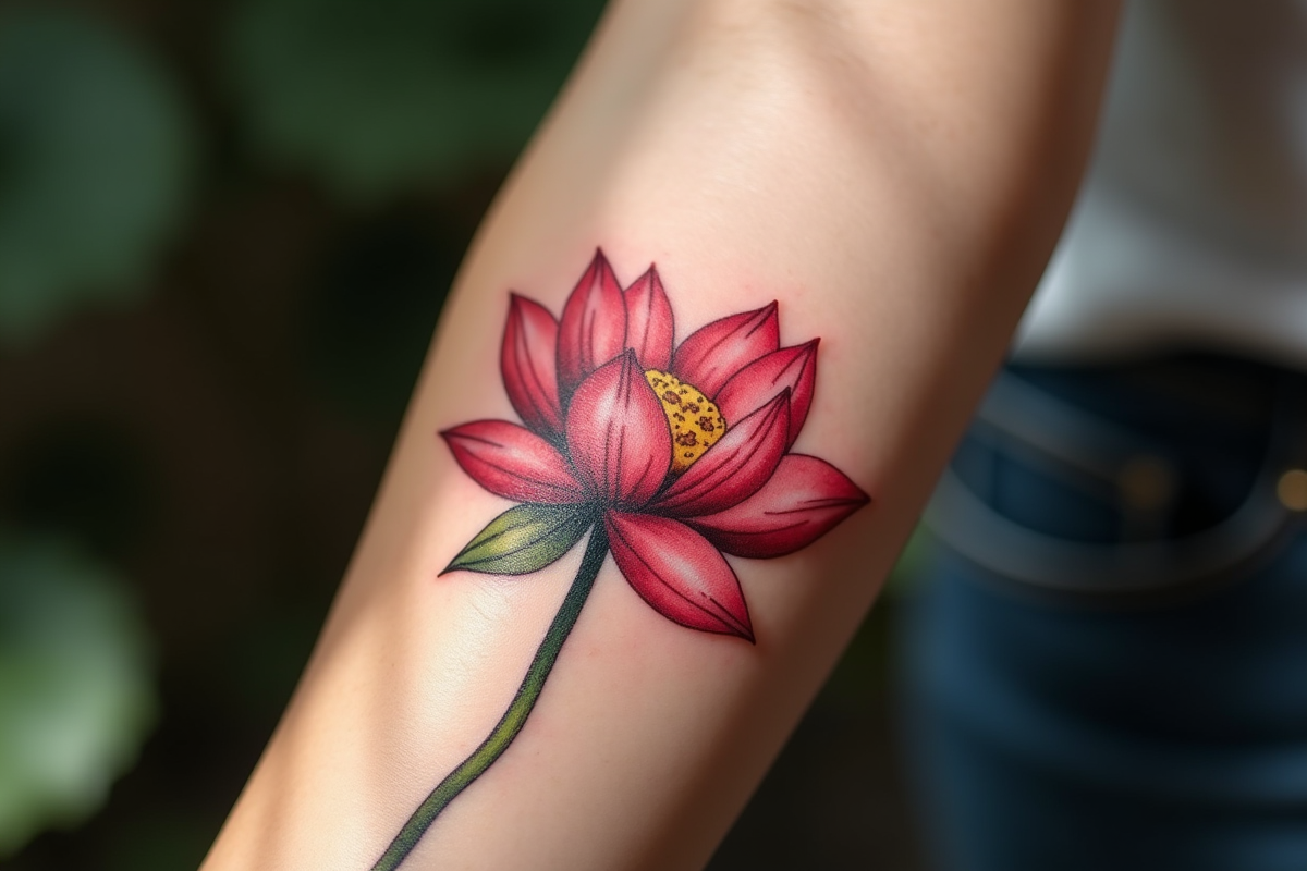 Tatouage lotus frais sur avant bras en gros plan