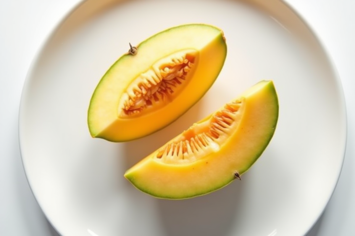 Tranche de melon cantaloupe avec graines sur assiette blanche