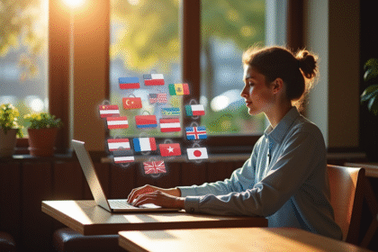 Personne utilisant un ordinateur portable avec des drapeaux holographiques au-dessus