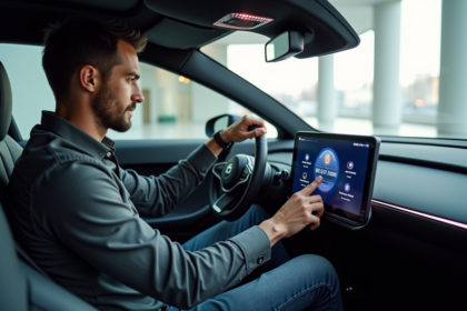 Homme dans une voiture de luxe futuriste interactant avec un tableau de bord